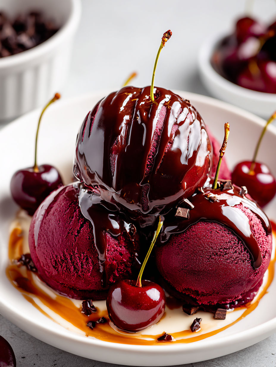 A plate of red wine ice cream with dark chocolate sauce and cherries.