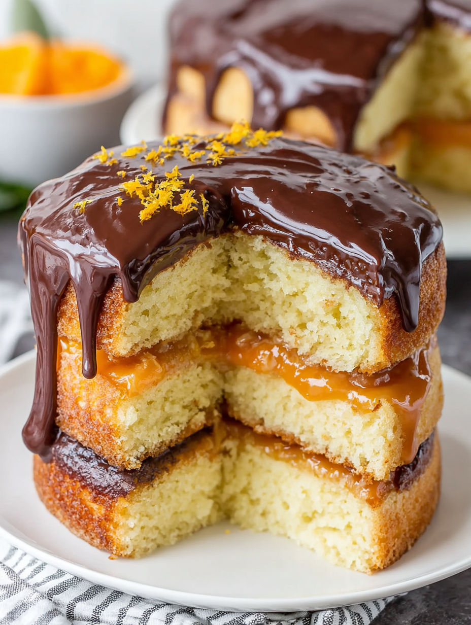 A slice of cake with chocolate frosting and orange slices.