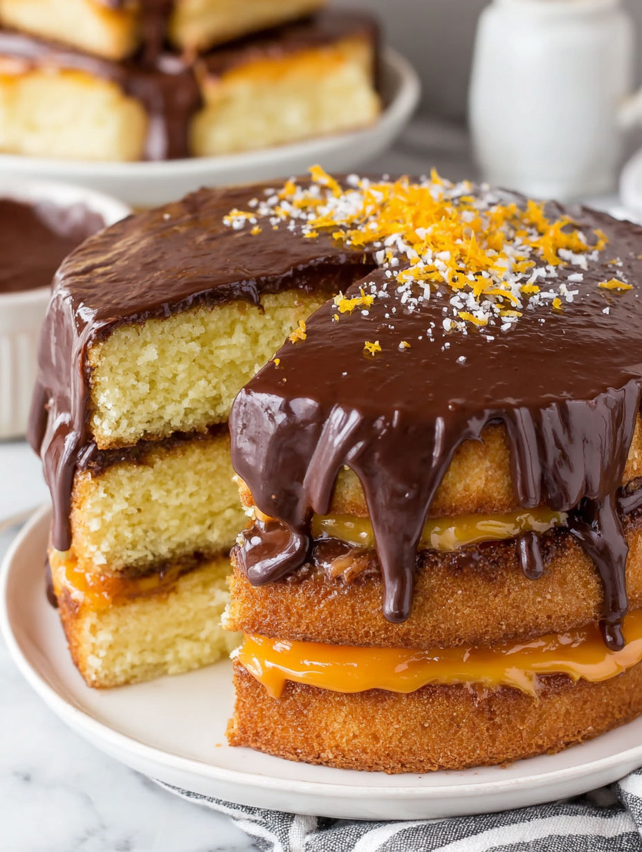 A slice of chocolate cake with orange sprinkles.