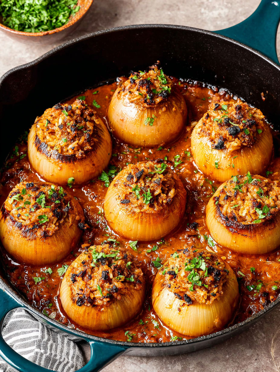 A pan of food with onions and garlic.