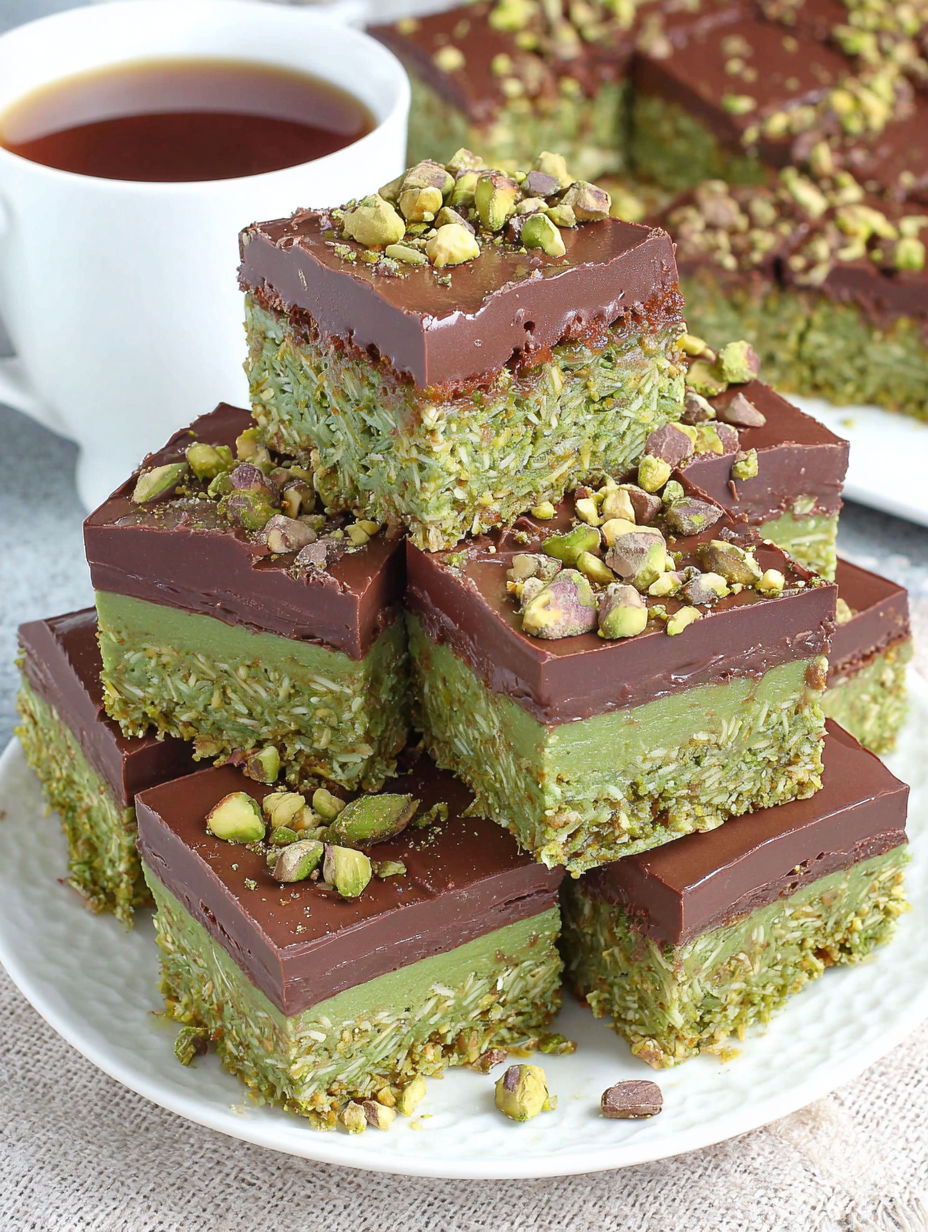 A stack of chocolate cake with nuts on top.