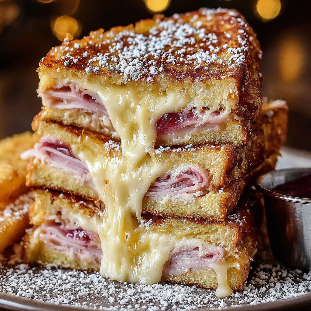 A Monte Cristo sandwich with cheese and ham.