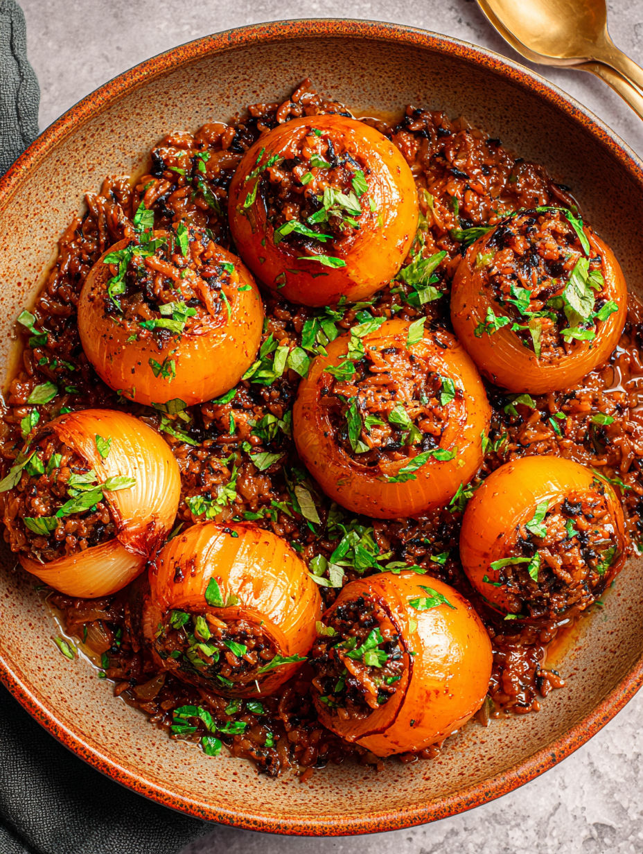 A bowl of food with tomatoes and onions.