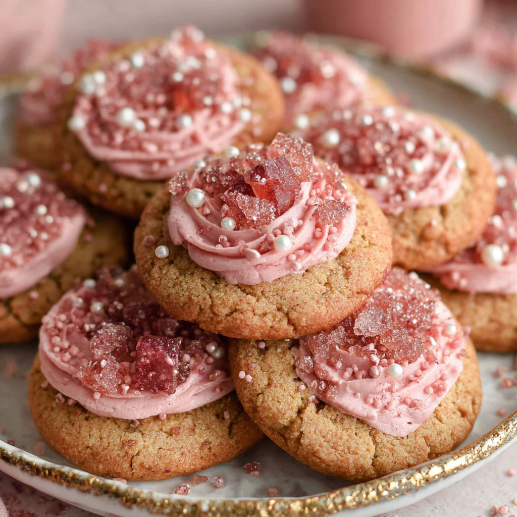 A plate of cookies with pink frosting and white sprinkles.