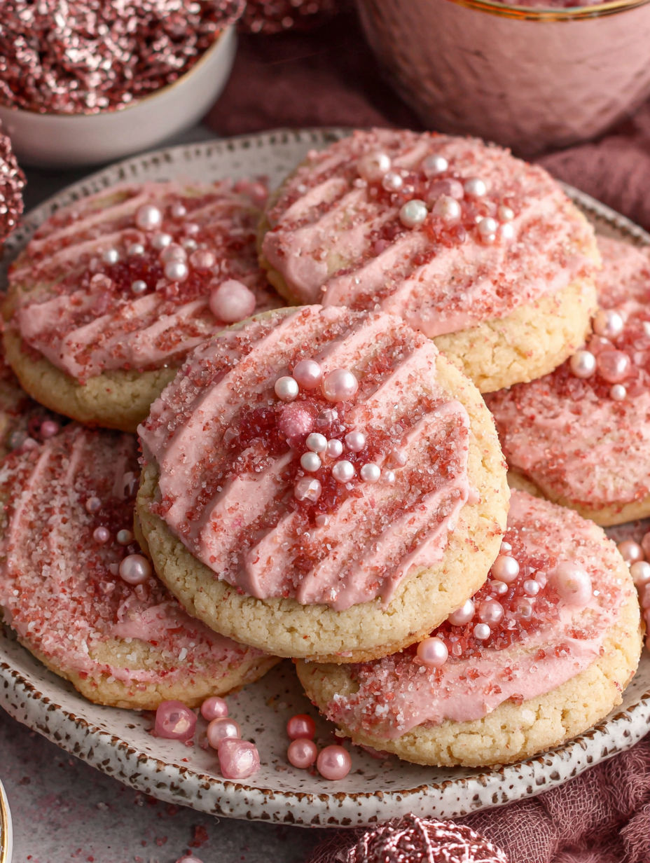 A plate of pink and white cookies with pink sprinkles on top.
