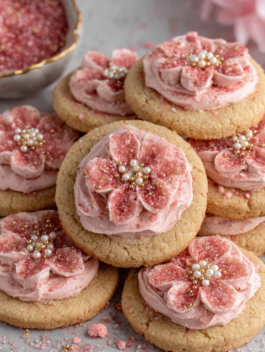 A pink cookie with a flower on top.