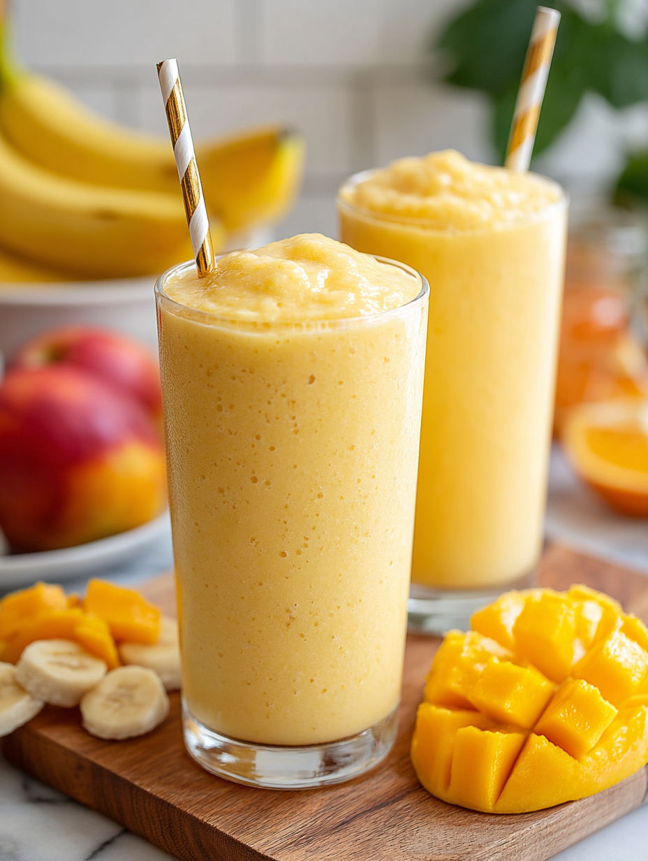 Two glasses of orange juice with bananas in the background.