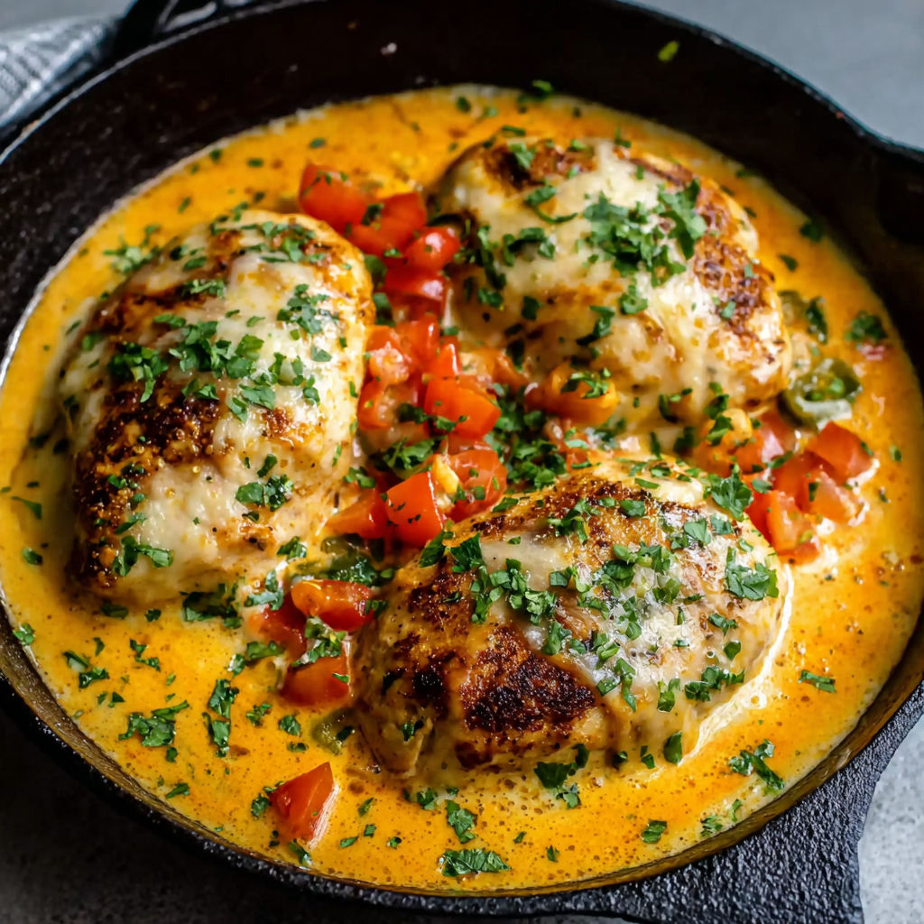 A pan of chicken with tomatoes and green herbs.