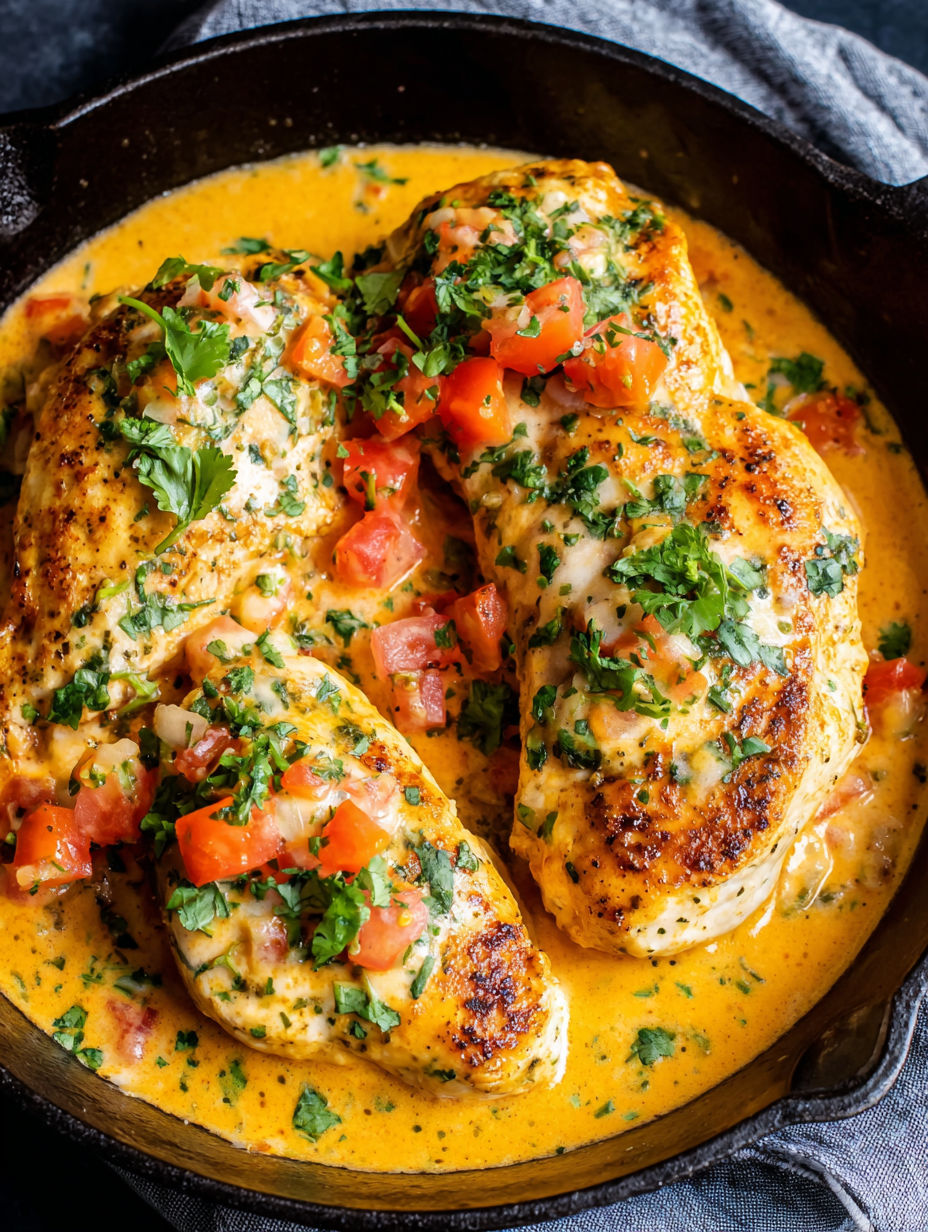 A dish of chicken with tomatoes and herbs.