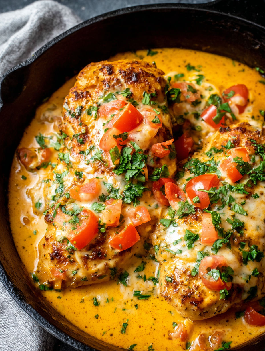 A dish of chicken with tomatoes and cheese.