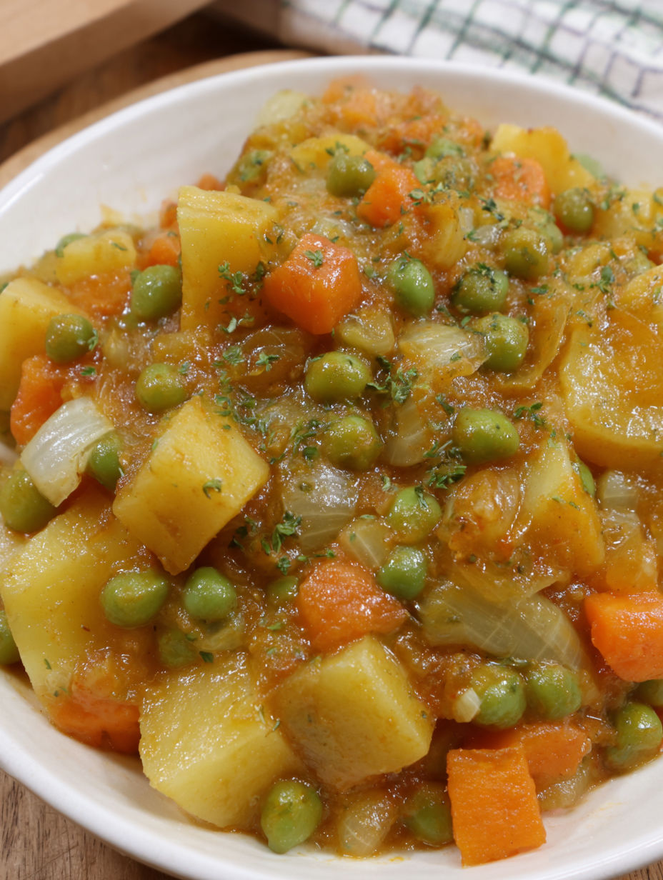 A bowl of food with peas and potatoes.