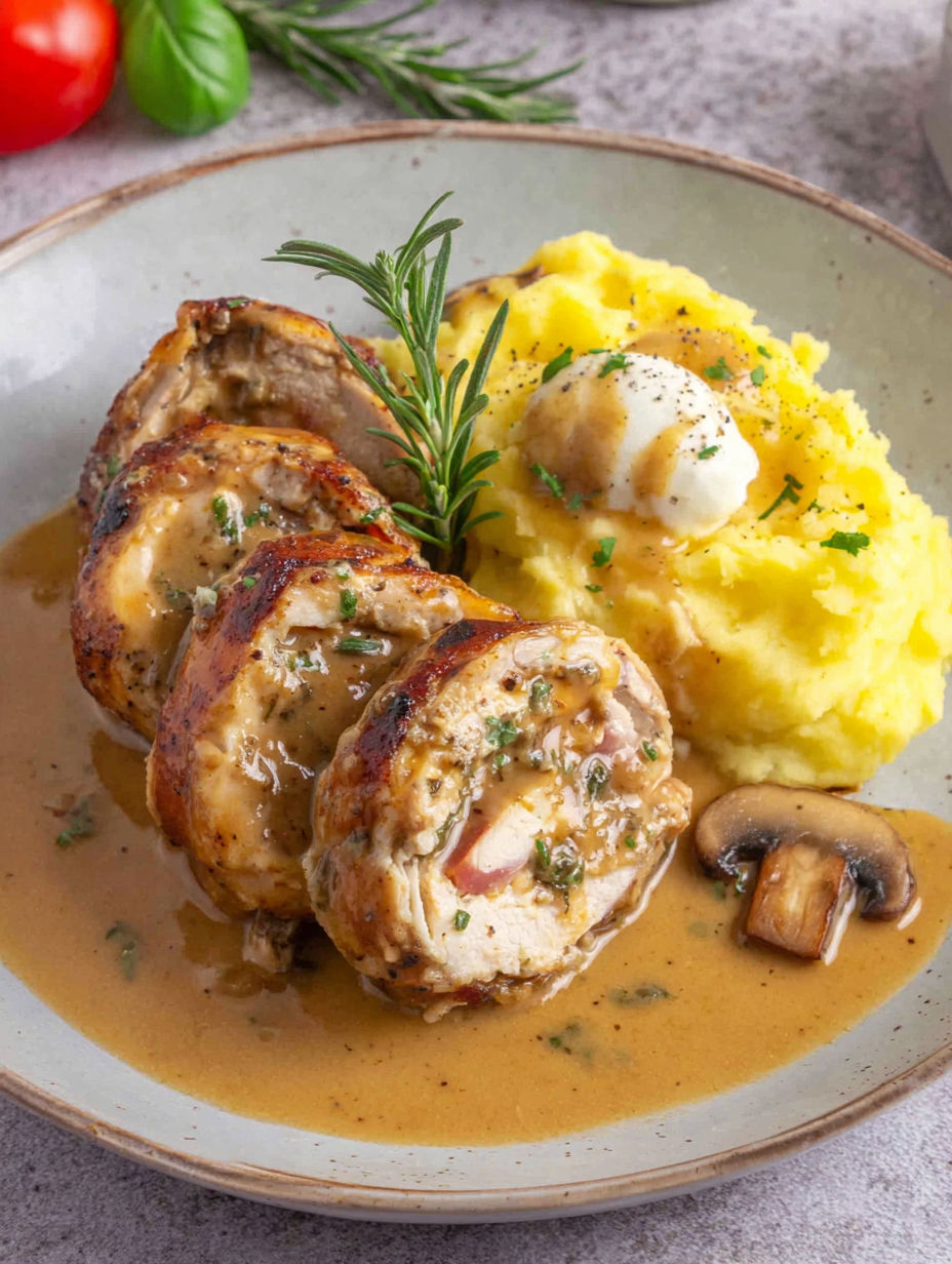 A plate of food with a meat dish and mashed potatoes.
