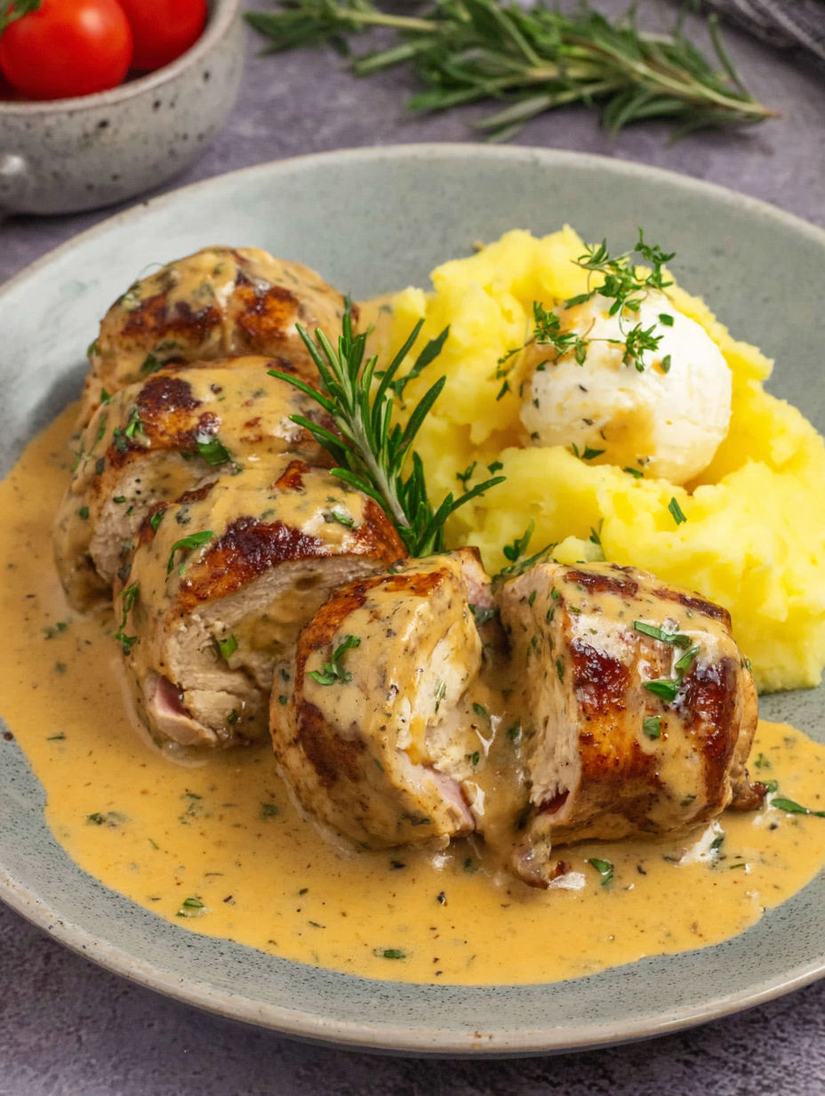 A plate of meat with sauce and potatoes.