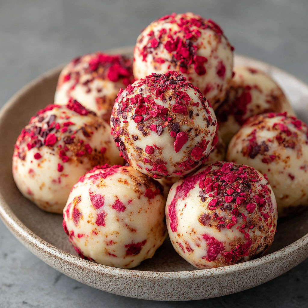 A bowl of protein balls with red strawberry topping.