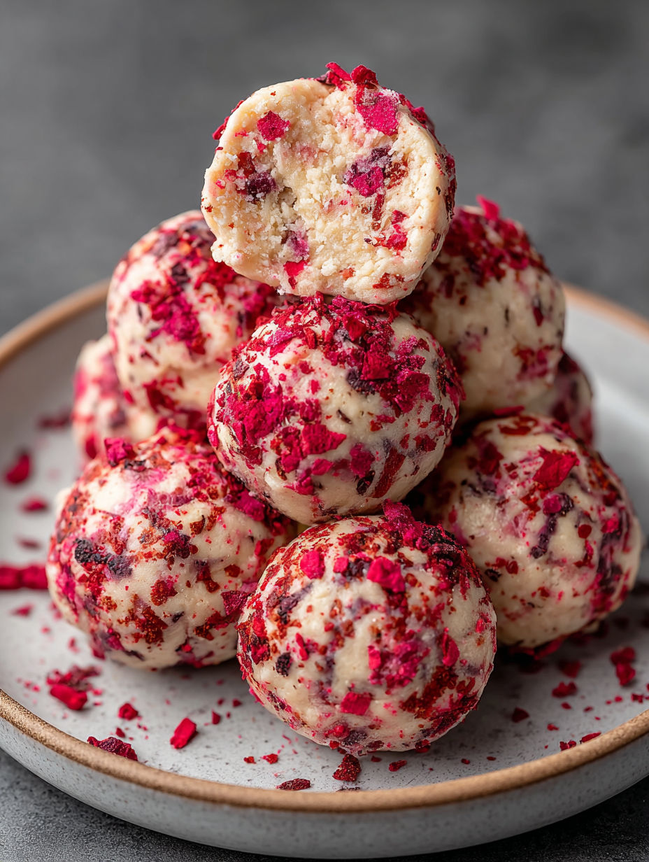 A stack of red and white protein balls.