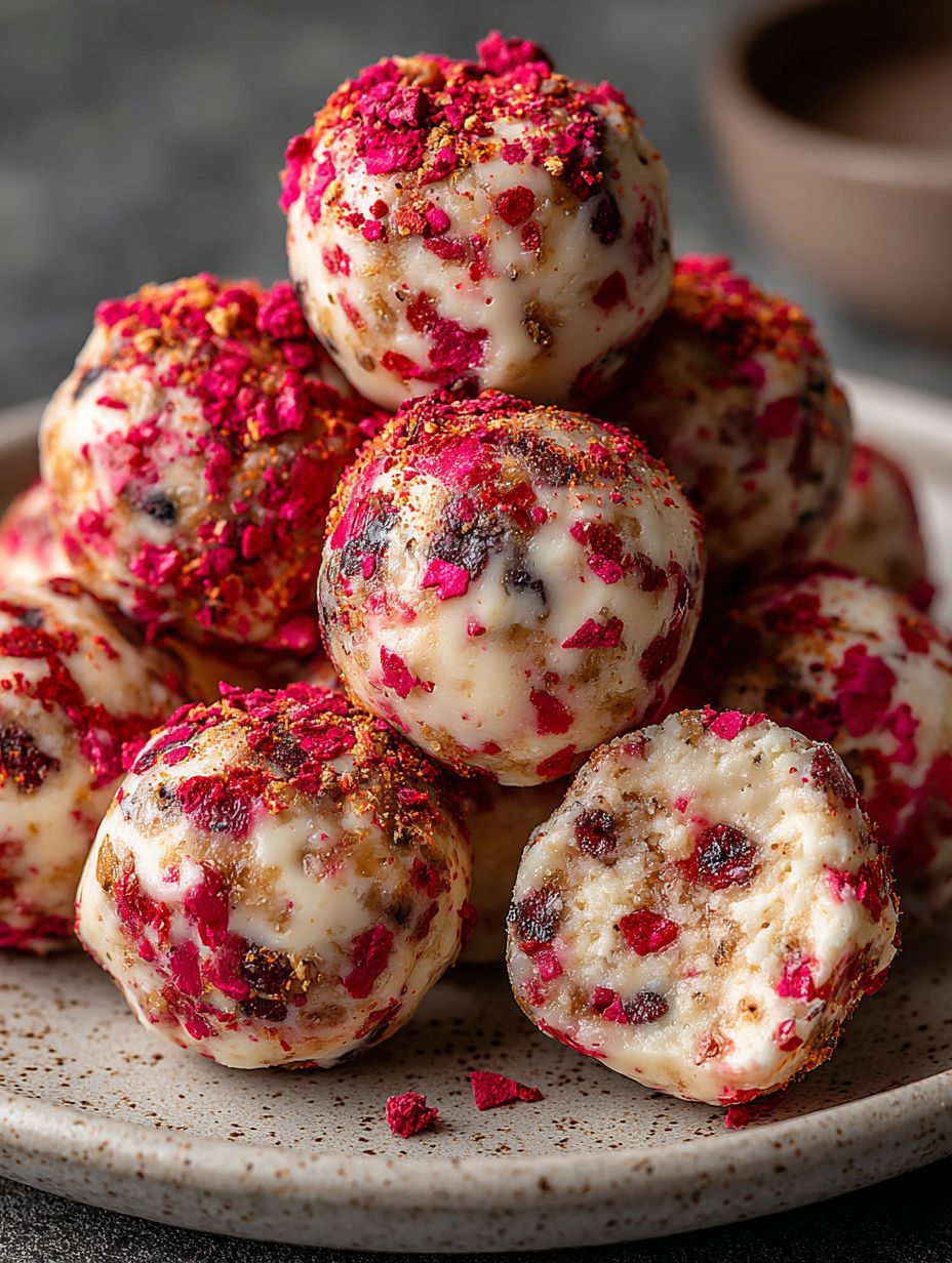 A stack of protein balls with a red topping.