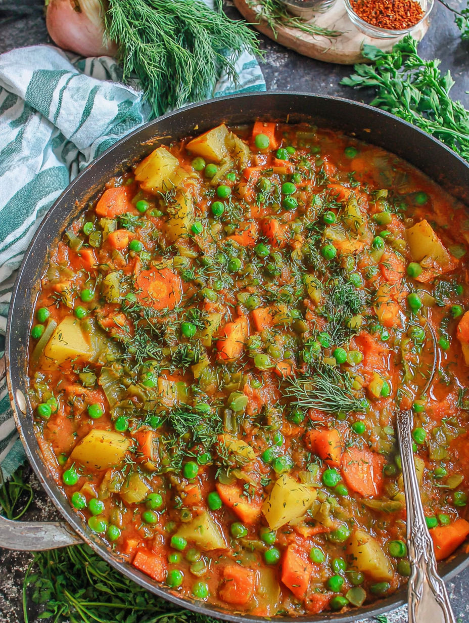 A pan of vegetables including carrots, peas, and potatoes.