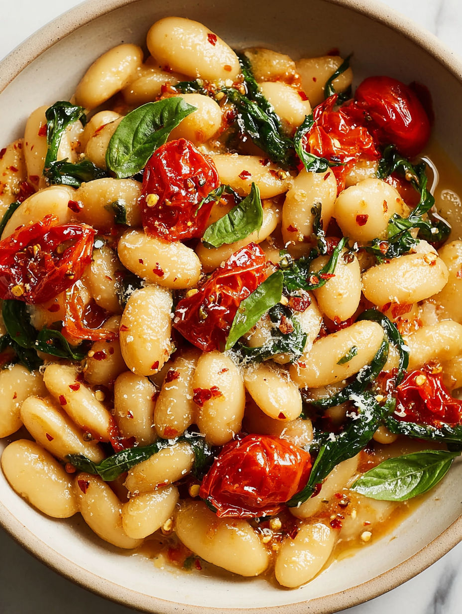 A bowl of food with tomatoes, beans, and spinach.