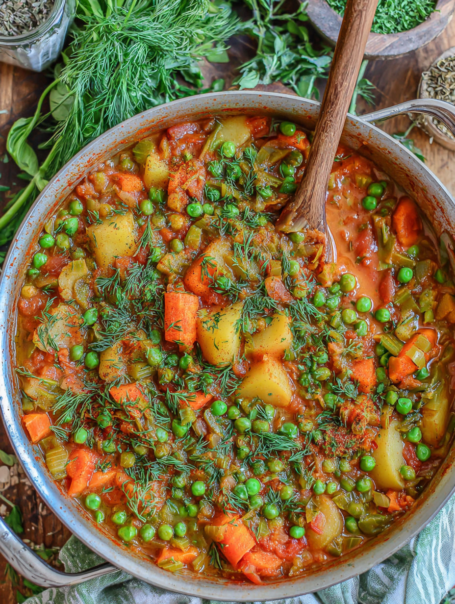 A pot of soup with peas, carrots, and potatoes.