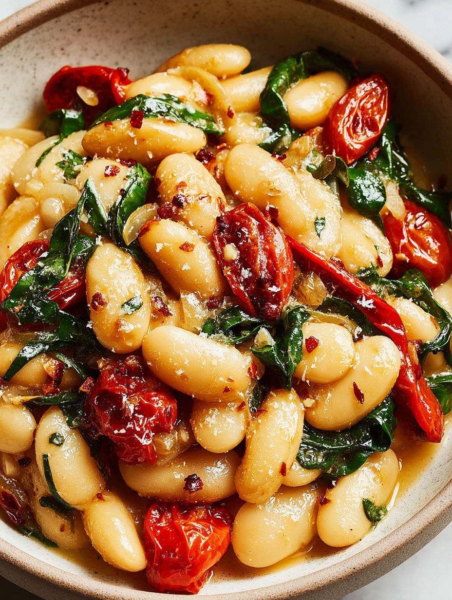 A bowl of food with beans, tomatoes, and greens.