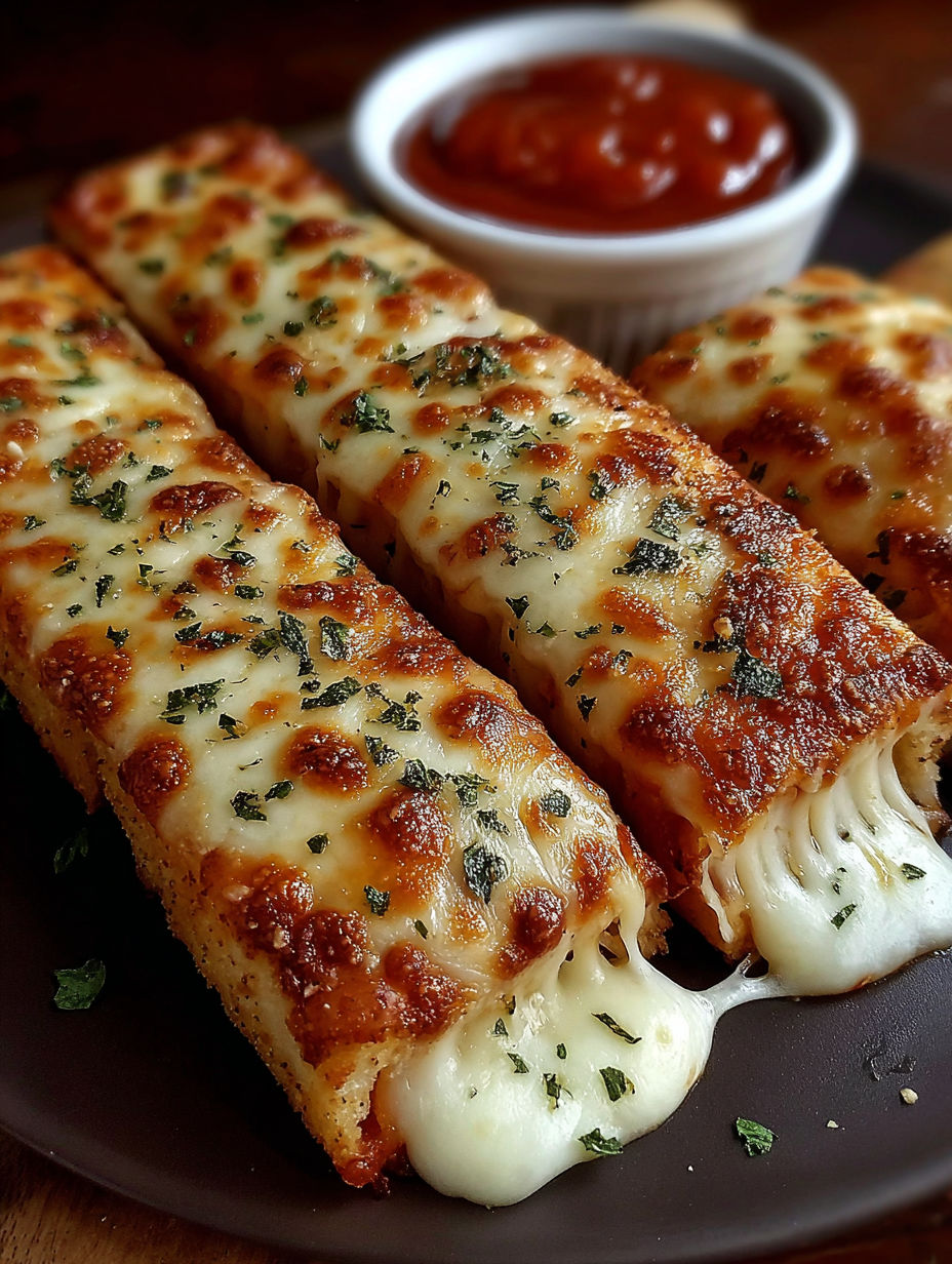 A plate of cheese sticks with a bowl of dipping sauce.