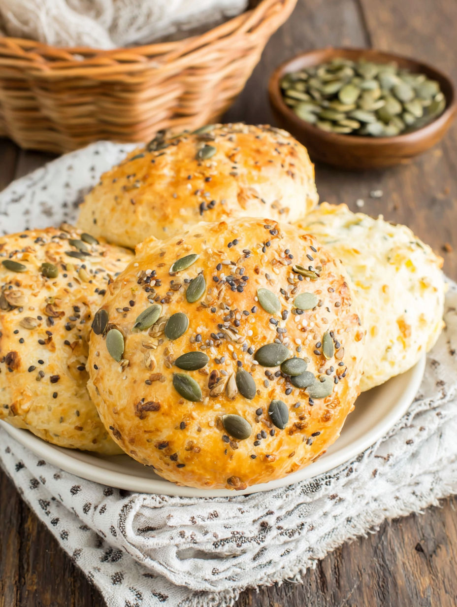 Three low carb bread rolls with seeds on a plate.