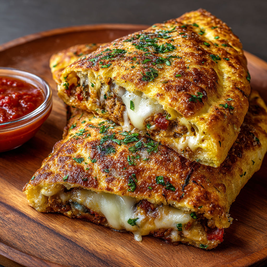 A high-protein keto calzone is served on a wooden platter.