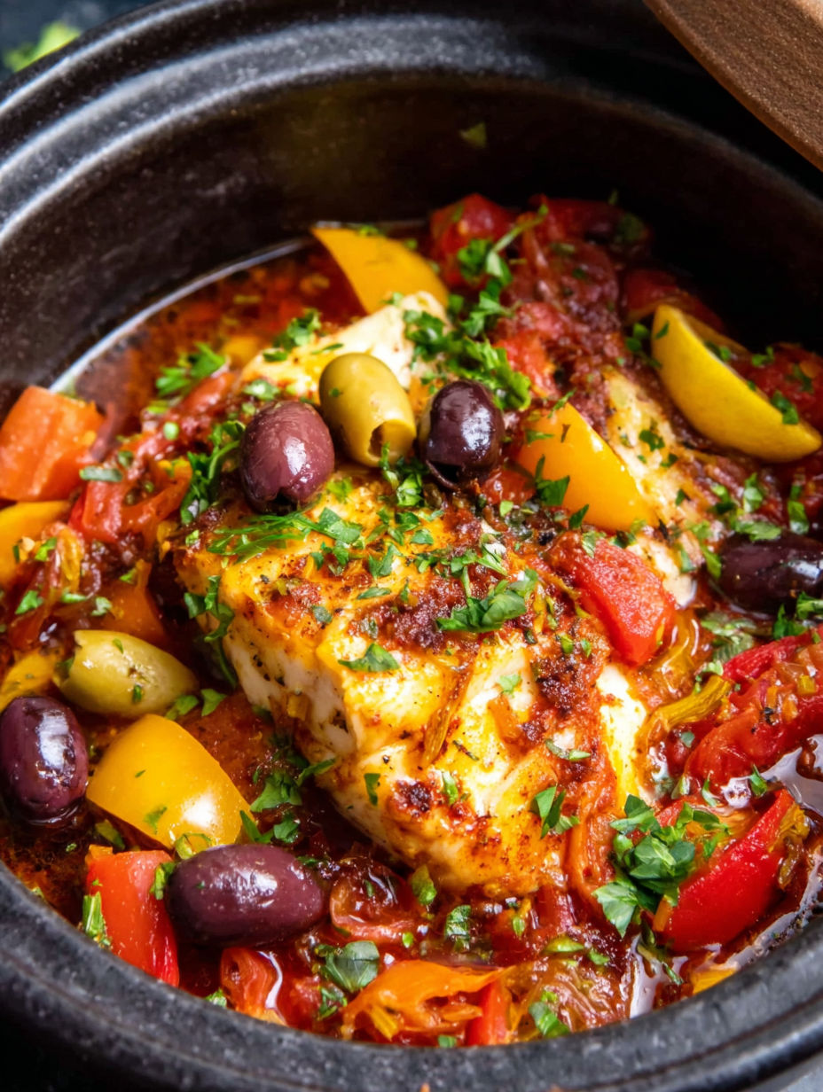 A bowl of food with tomatoes, olives, and other vegetables.