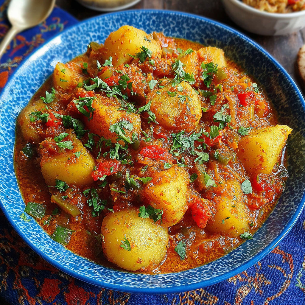 A bowl of food with the words "Irresistible Dopiazeh Aloo: A Comforting Persian Potato Curry" written underneath.