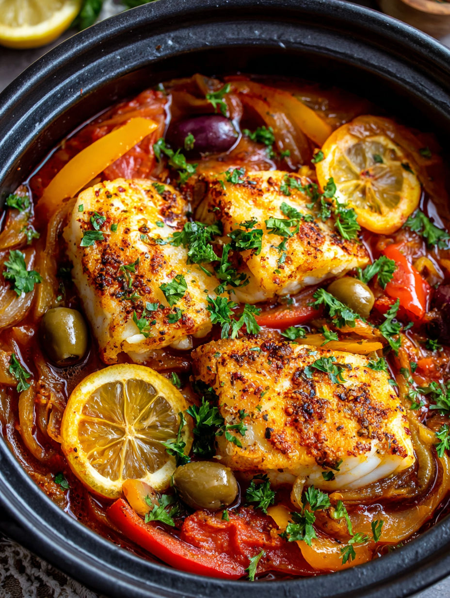 A bowl of food with fish and vegetables.