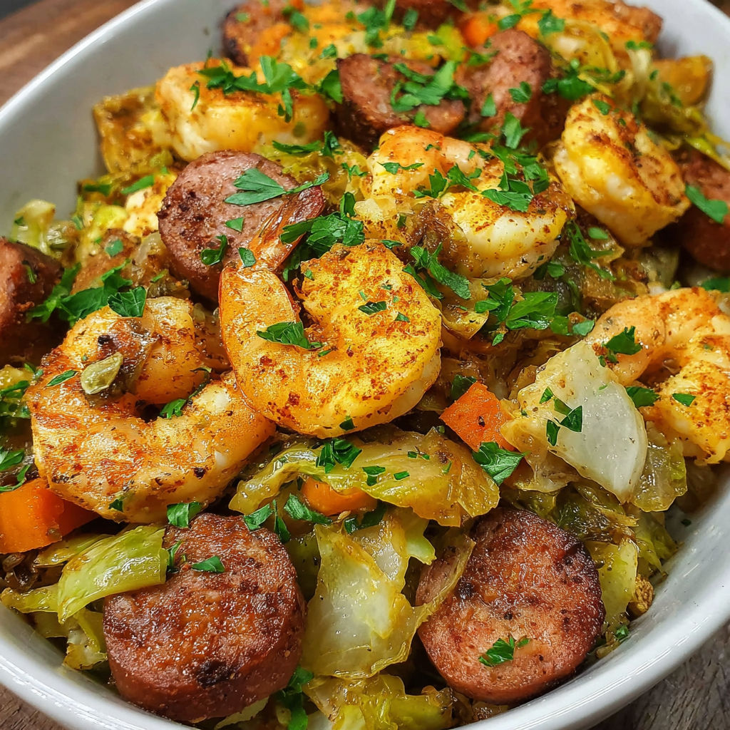 A bowl of food with shrimp, sausage, and cabbage.