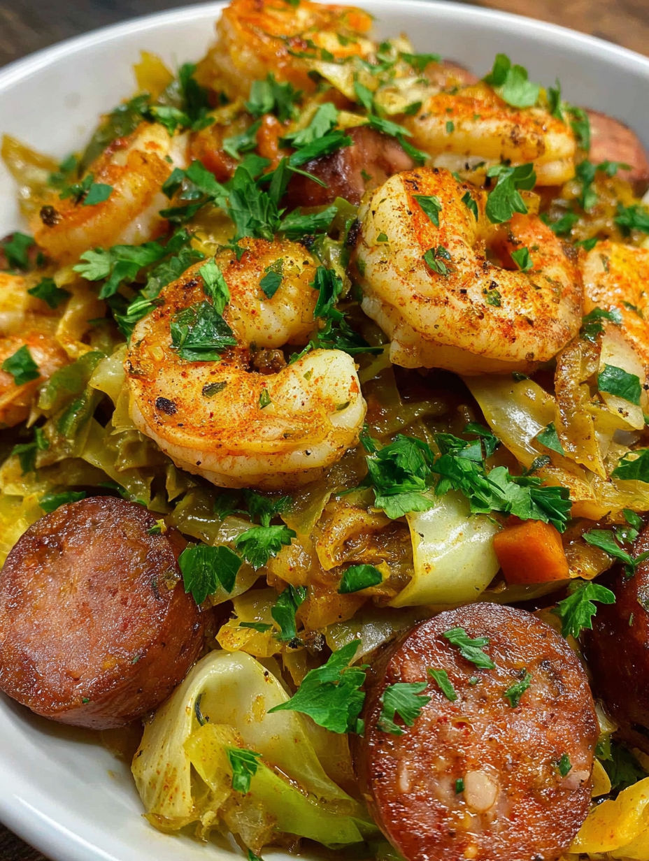 A plate of food with shrimp, sausage, and vegetables.