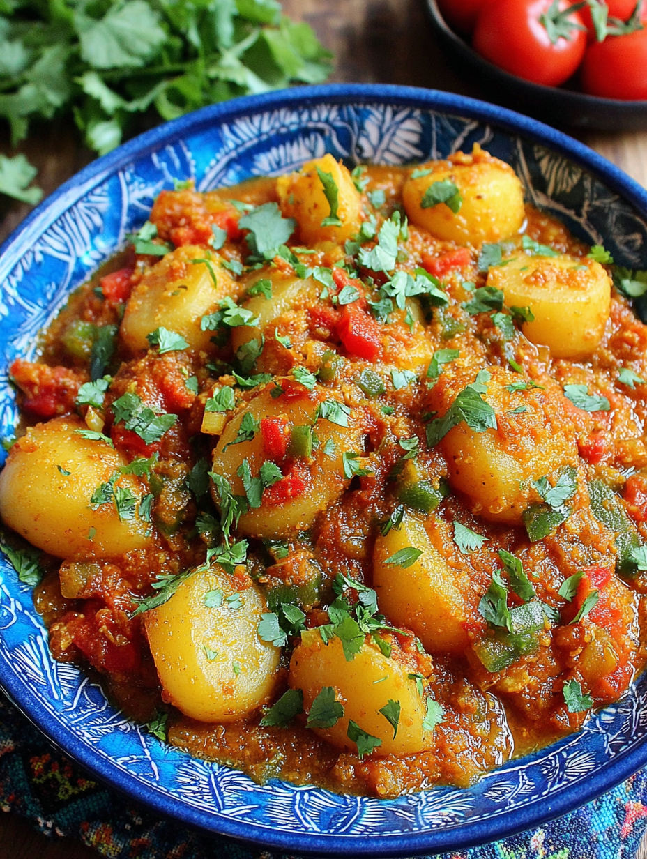A bowl of food with the words "Irresistible Dopiazeh Aloo" written on it.