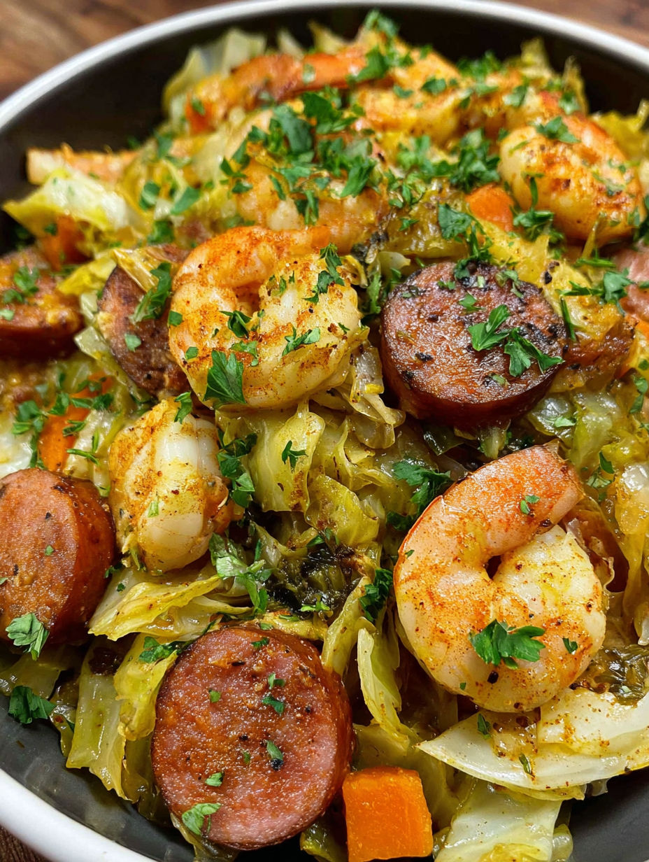 A close up of a dish with shrimp, sausage, and cabbage.