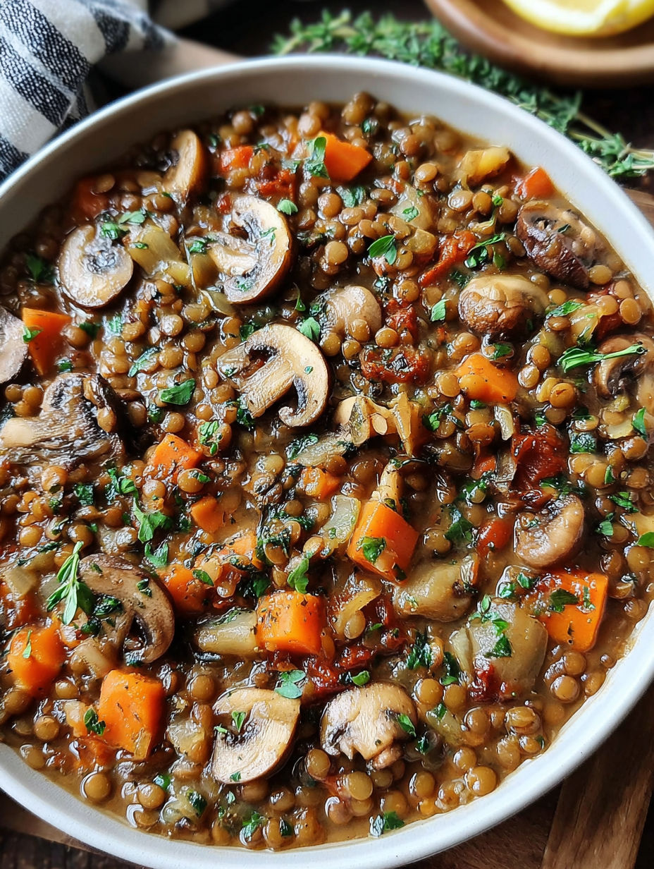 A bowl of vegetable stew with mushrooms and carrots.
