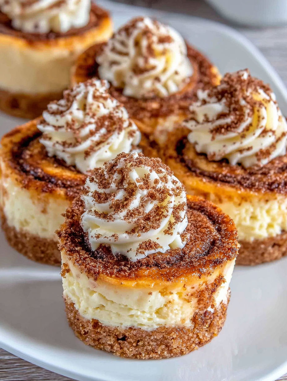 Mini cinnamon roll cheesecakes on a plate.
