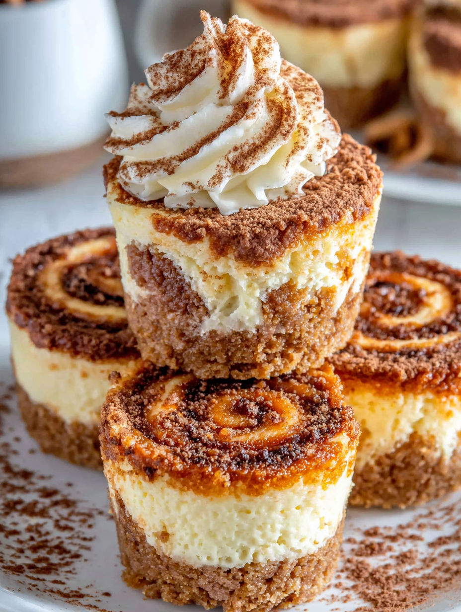 Three mini cinnamon roll cheesecakes on a plate.
