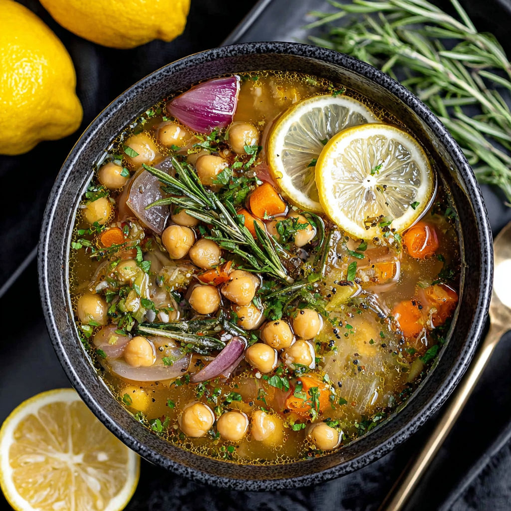A bowl of Greek chickpea soup with lemon.