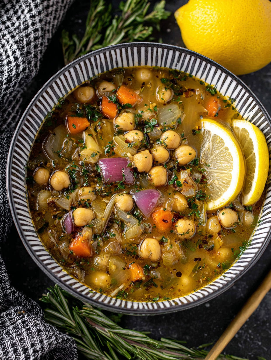 A bowl of soup with a lemon wedge on top.