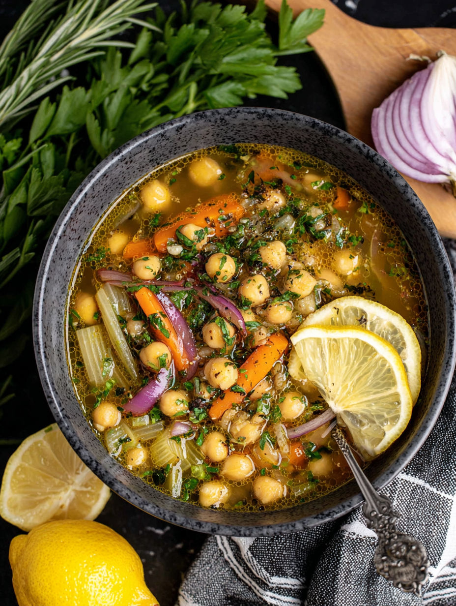 A bowl of soup with carrots, onions, and chickpeas.