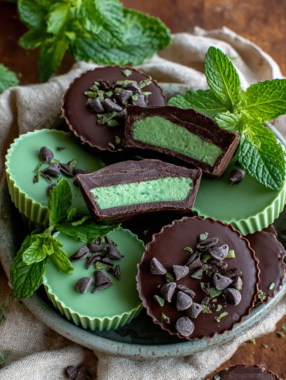 A plate of chocolate and mint desserts.