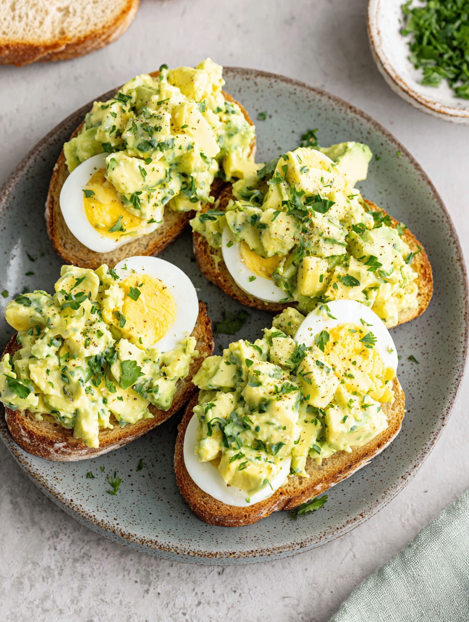 A plate of toast with eggs and avocado on top.