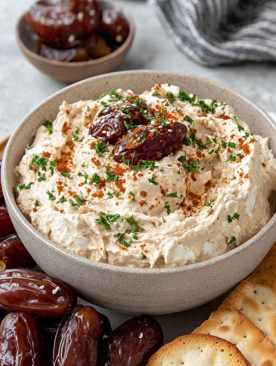 A bowl of dip with a spoon in it.