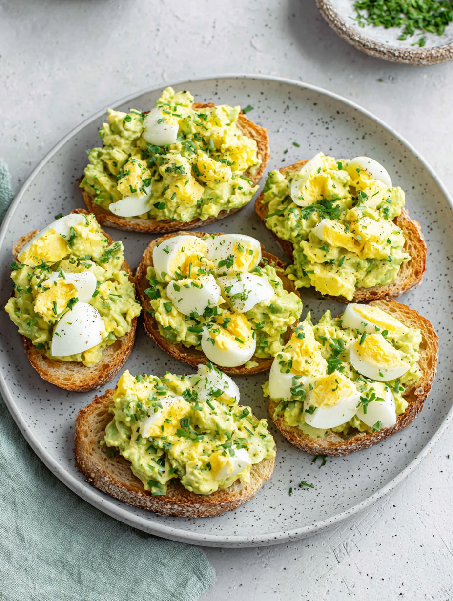 A plate of toast with eggs and avocado.