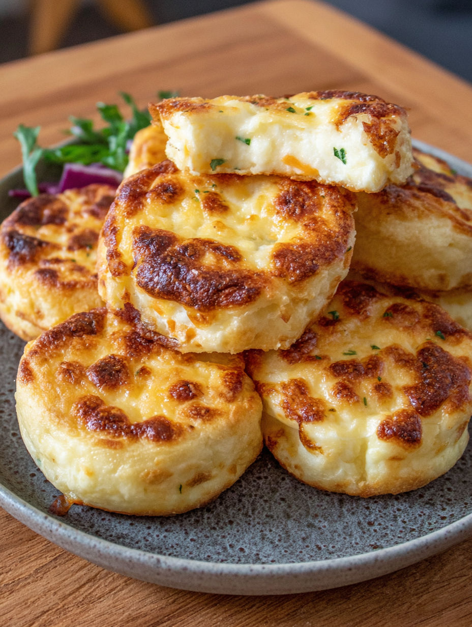 A plate of food with a stack of cheese and vegetable cakes.