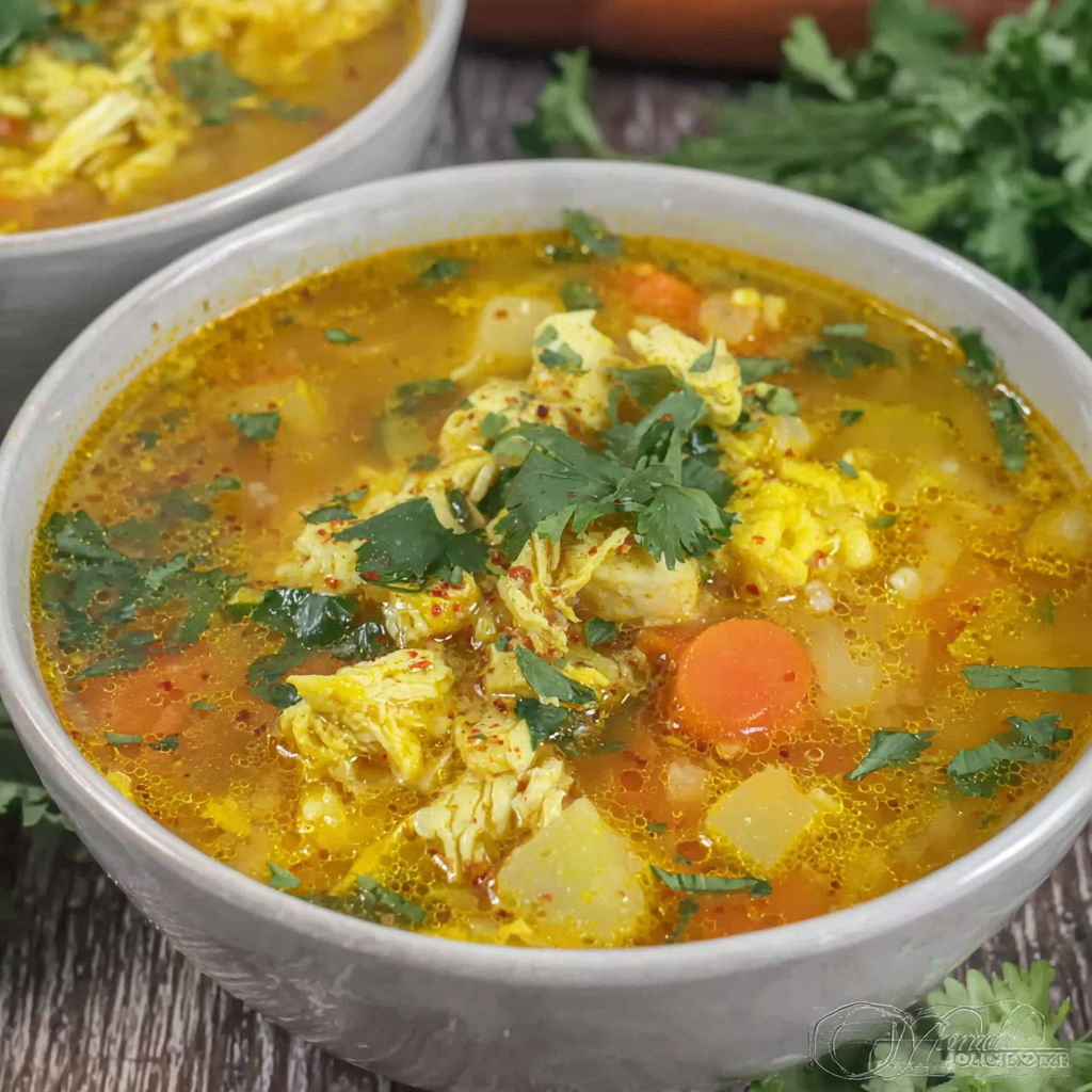 A bowl of soup with chicken and vegetables.
