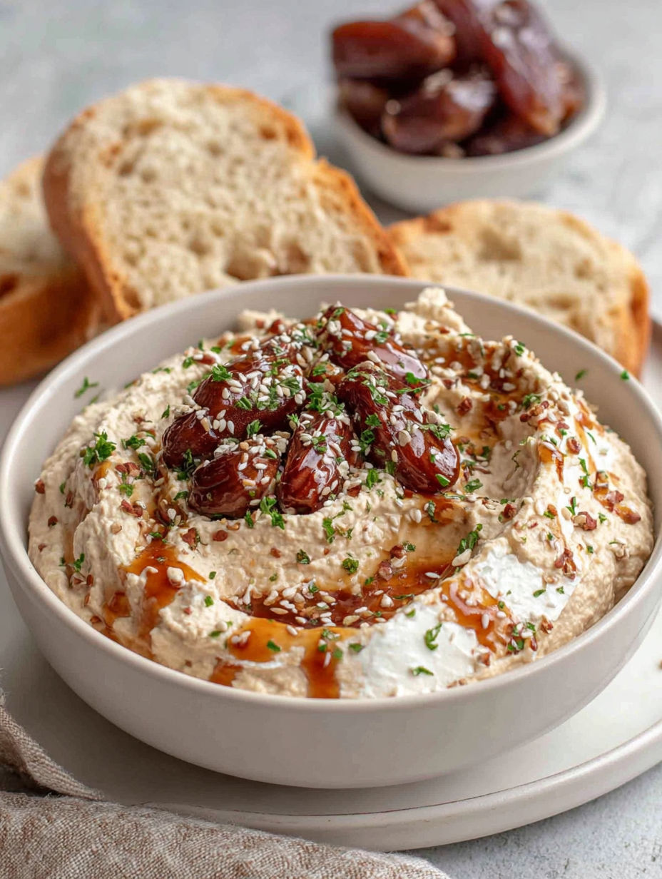 A bowl of dip with a spoon in it.