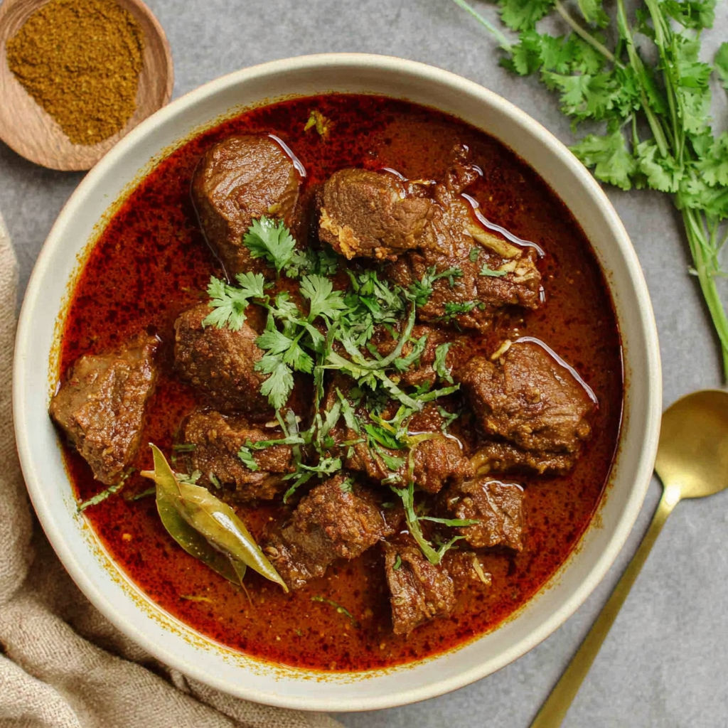 A bowl of Indian beef curry with meat and vegetables.