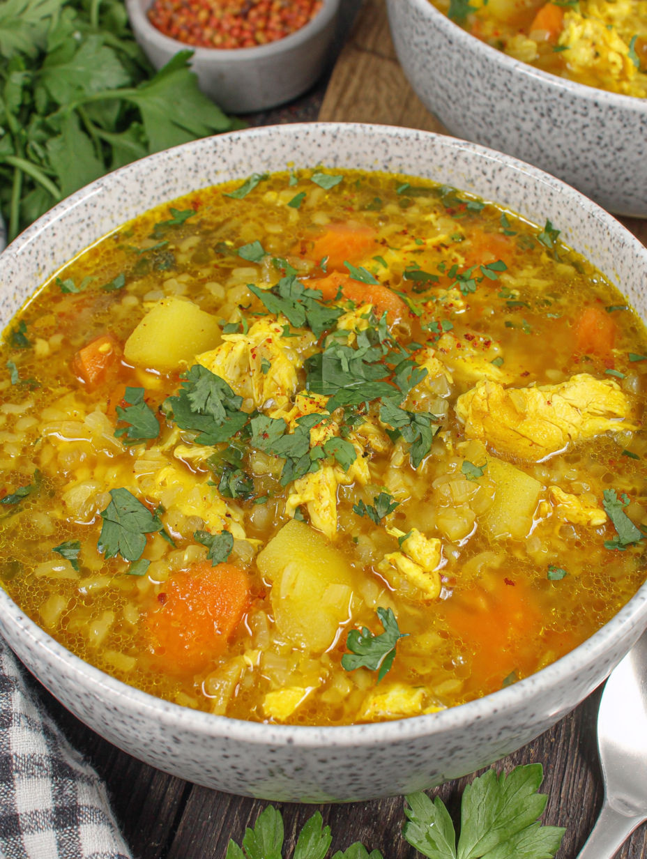 A bowl of soup with vegetables and meat.