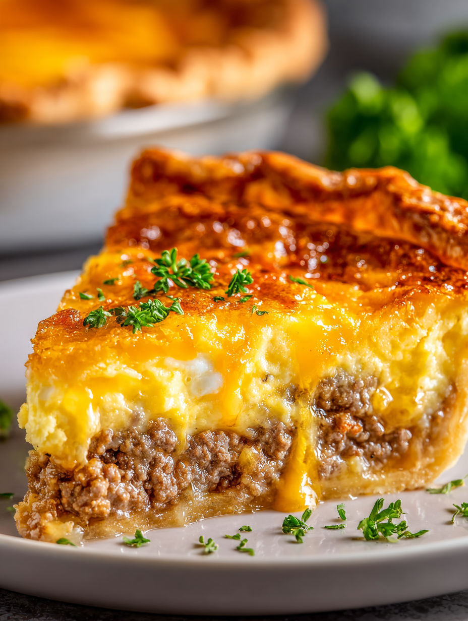 A slice of one-pan cheeseburger pie dinner.